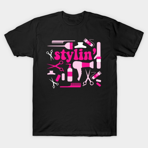 Stylin' Pink Hair Stylist Salon Barber Curling Iron Blow Dryer Styling Tools T-Shirt by JessDesigns